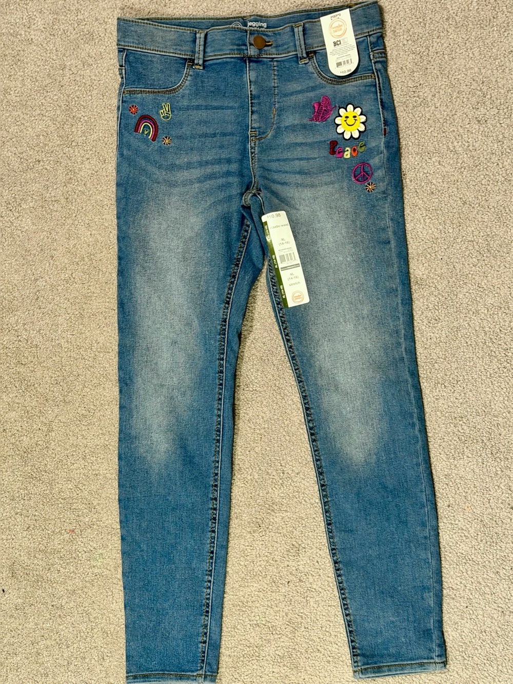 NWT Kid/Girls Blue Embroidered Jeggings with Cute Fun Patches - XL (14/16)